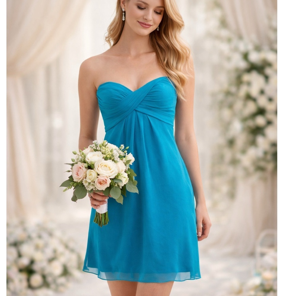 NICOLE MILLER Twist Front Silk Dress Strapless Blue